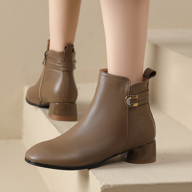 Round Toe Short Boots Women'S 2024 Fall/Winter New Headline Cowhide Thick-Heeled Soft-Soled Leather Boots Plus Size Mid-Heeled Cotton Boots Fashion Boots - Image 2